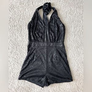 Black Sequins Halter-Top Romper